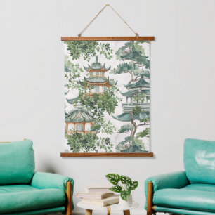 Watercolor Asian Pagoda in Verdant Landscape (10) Hanging Tapestry