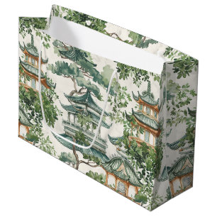 Watercolor Asian Pagoda in Verdant Landscape (10) Large Gift Bag