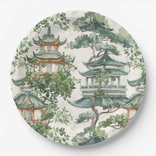 Watercolor Asian Pagoda in Verdant Landscape (10) Paper Plate