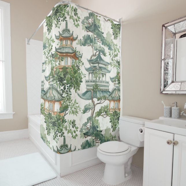 Watercolor Asian Pagoda in Verdant Landscape (10) Shower Curtain (In Situ)
