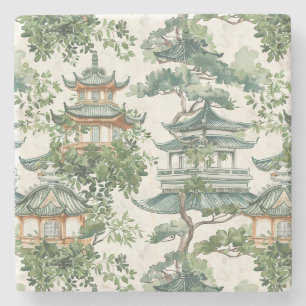 Watercolor Asian Pagoda in Verdant Landscape (10) Stone Coaster