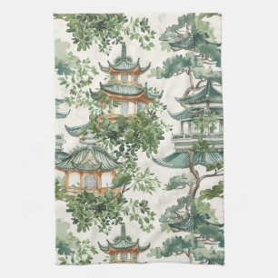 Watercolor Asian Pagoda in Verdant Landscape (10) Tea Towel