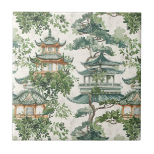 Watercolor Asian Pagoda in Verdant Landscape (10) Tile