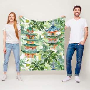 Watercolor Asian Pagoda in Verdant Landscape (11) Fleece Blanket
