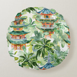 Watercolor Asian Pagoda in Verdant Landscape (11) Round Cushion