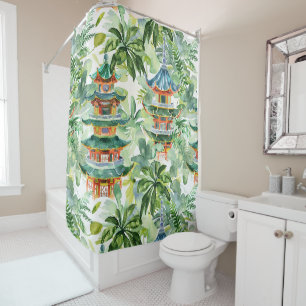 Watercolor Asian Pagoda in Verdant Landscape (11) Shower Curtain