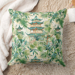 Watercolor Asian Pagoda in Verdant Landscape (12) Cushion