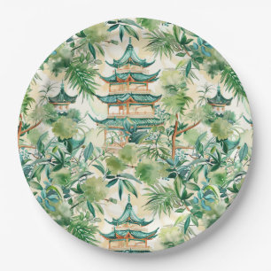 Watercolor Asian Pagoda in Verdant Landscape (12) Paper Plate