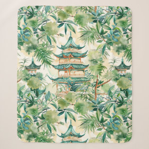 Watercolor Asian Pagoda in Verdant Landscape (12) Sherpa Blanket