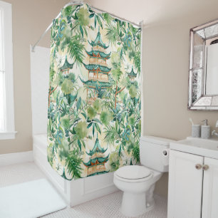 Watercolor Asian Pagoda in Verdant Landscape (12) Shower Curtain
