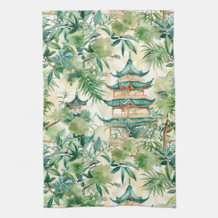 Watercolor Asian Pagoda in Verdant Landscape (12) Tea Towel