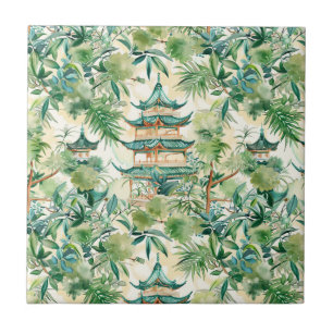 Watercolor Asian Pagoda in Verdant Landscape (12) Tile