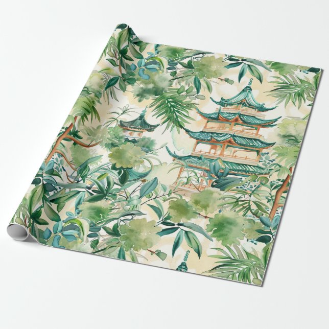 Watercolor Asian Pagoda in Verdant Landscape (12) Wrapping Paper (Unrolled)