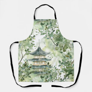 Watercolor Asian Pagoda in Verdant Landscape (13) Apron