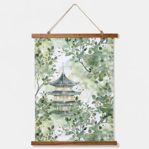 Watercolor Asian Pagoda in Verdant Landscape (13) Hanging Tapestry