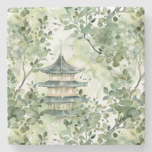 Watercolor Asian Pagoda in Verdant Landscape (13) Stone Coaster