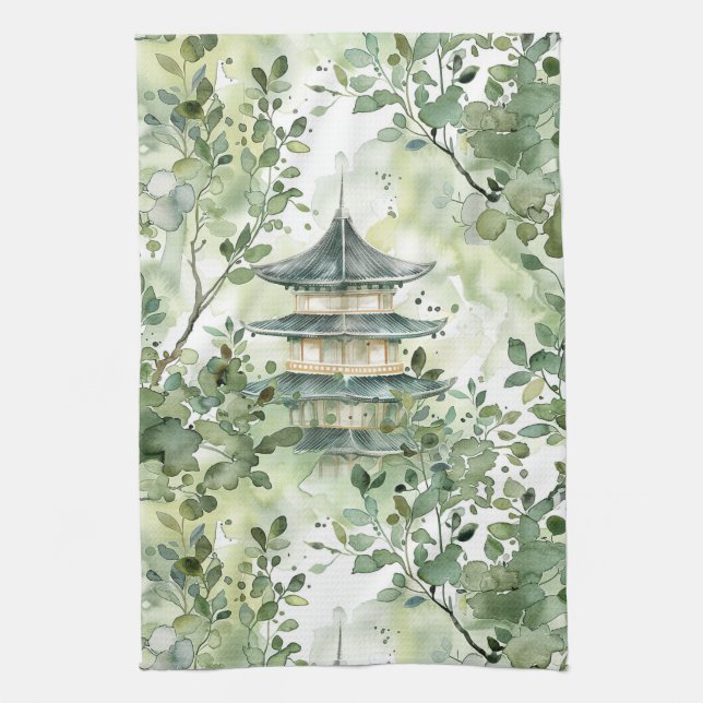 Watercolor Asian Pagoda in Verdant Landscape (13) Tea Towel (Vertical)