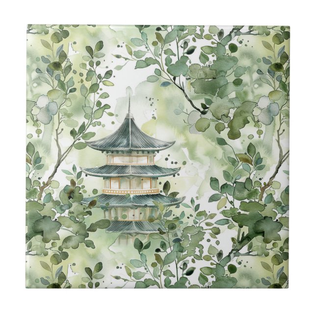 Watercolor Asian Pagoda in Verdant Landscape (13) Tile (Front)