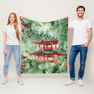 Watercolor Asian Pagoda in Verdant Landscape (14) Fleece Blanket