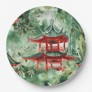 Watercolor Asian Pagoda in Verdant Landscape (14) Paper Plate