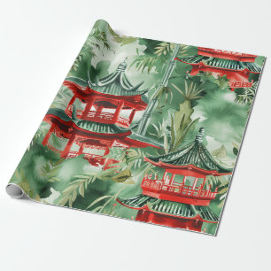 Watercolor Asian Pagoda in Verdant Landscape (14) Wrapping Paper