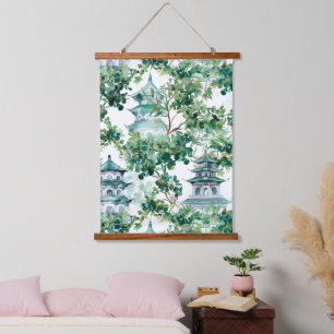 Watercolor Asian Pagoda in Verdant Landscape (15) Hanging Tapestry