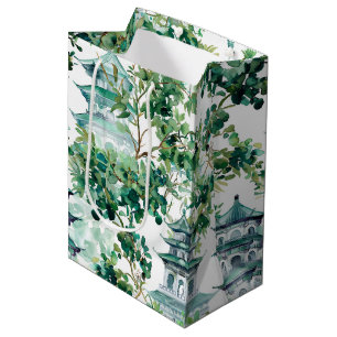 Watercolor Asian Pagoda in Verdant Landscape (15) Medium Gift Bag