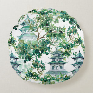 Watercolor Asian Pagoda in Verdant Landscape (15) Round Cushion