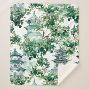 Watercolor Asian Pagoda in Verdant Landscape (15) Sherpa Blanket