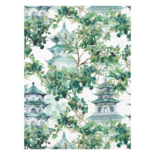 Watercolor Asian Pagoda in Verdant Landscape (15) Tablecloth (Front)