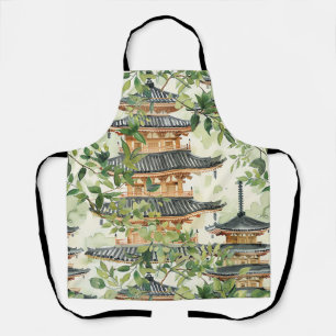 Watercolor Asian Pagoda in Verdant Landscape (16) Apron