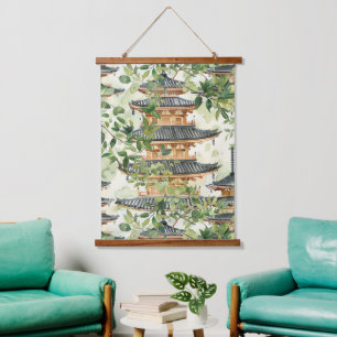 Watercolor Asian Pagoda in Verdant Landscape (16) Hanging Tapestry