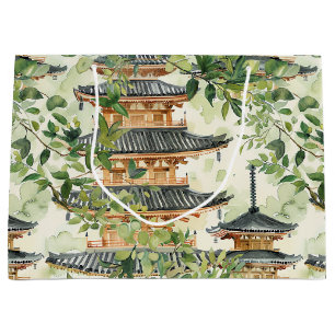 Watercolor Asian Pagoda in Verdant Landscape (16) Large Gift Bag