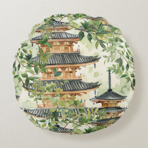 Watercolor Asian Pagoda in Verdant Landscape (16) Round Cushion