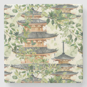 Watercolor Asian Pagoda in Verdant Landscape (16) Stone Coaster