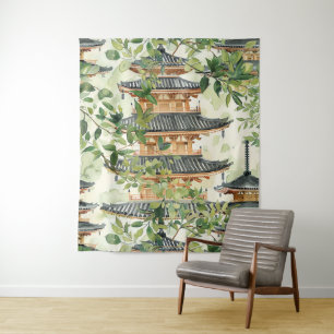 Watercolor Asian Pagoda in Verdant Landscape (16) Tapestry