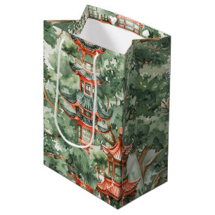 Watercolor Asian Pagoda in Verdant Landscape (17) Medium Gift Bag