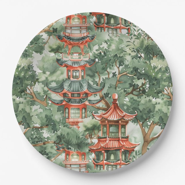 Watercolor Asian Pagoda in Verdant Landscape (17) Paper Plate (Front)