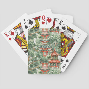 Watercolor Asian Pagoda in Verdant Landscape (17) Playing Cards