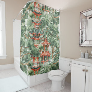 Watercolor Asian Pagoda in Verdant Landscape (17) Shower Curtain