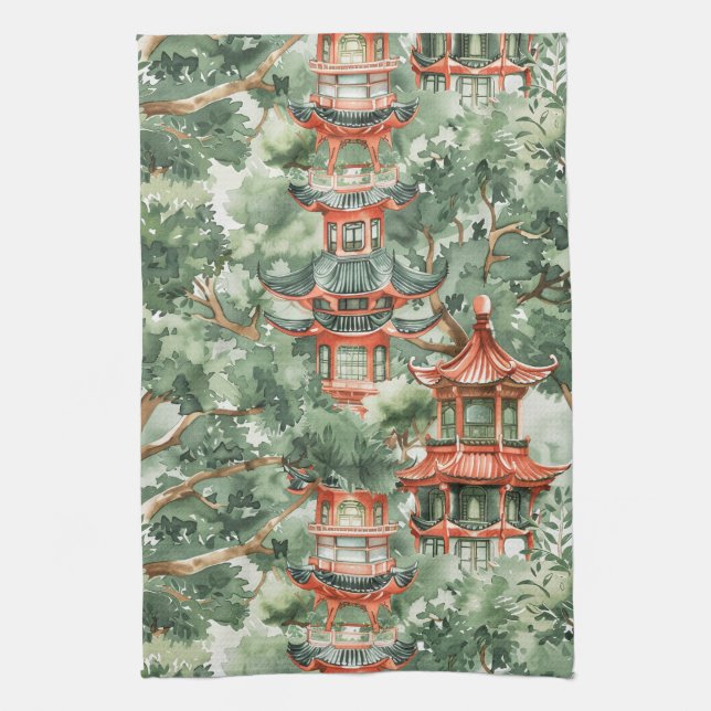 Watercolor Asian Pagoda in Verdant Landscape (17) Tea Towel (Vertical)