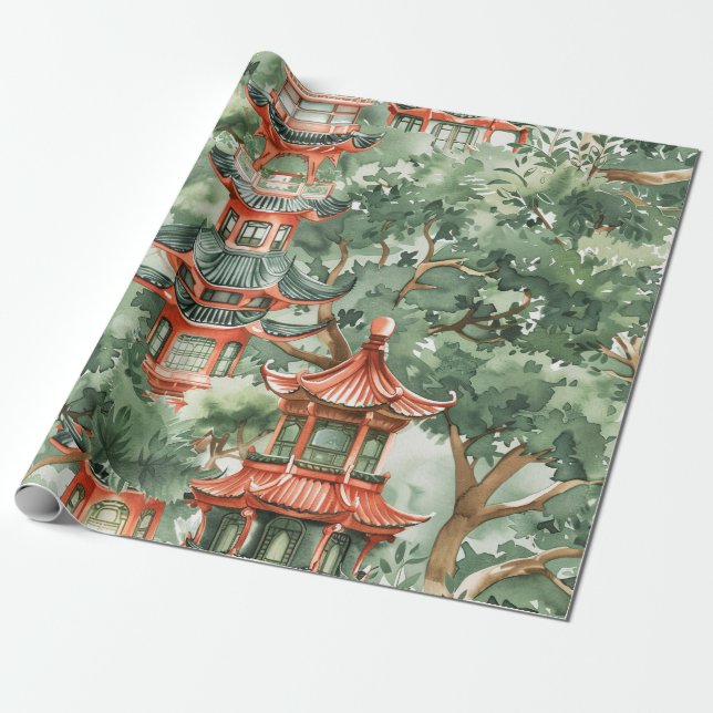 Watercolor Asian Pagoda in Verdant Landscape (17) Wrapping Paper (Unrolled)