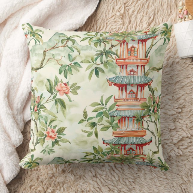 Watercolor Asian Pagoda in Verdant Landscape (1) Cushion (Blanket)