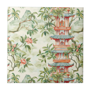 Watercolor Asian Pagoda in Verdant Landscape (1) Tile