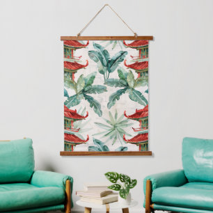 Watercolor Asian Pagoda in Verdant Landscape (2) Hanging Tapestry