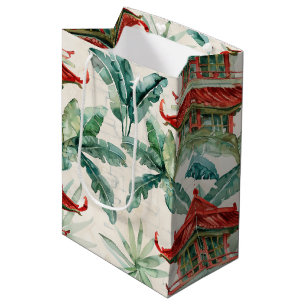 Watercolor Asian Pagoda in Verdant Landscape (2) Medium Gift Bag
