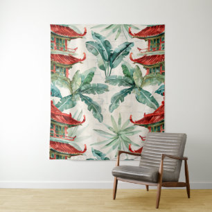 Watercolor Asian Pagoda in Verdant Landscape (2) Tapestry