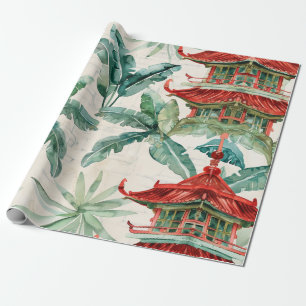 Watercolor Asian Pagoda in Verdant Landscape (2) Wrapping Paper