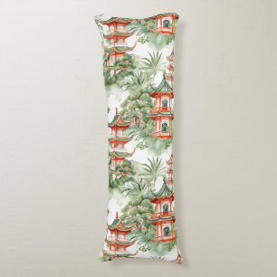 Watercolor Asian Pagoda in Verdant Landscape (3) Body Cushion
