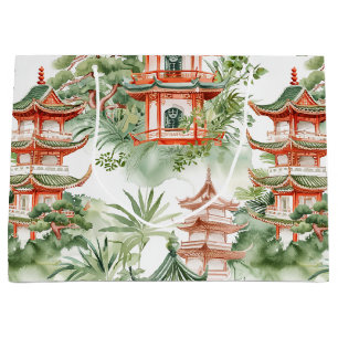 Watercolor Asian Pagoda in Verdant Landscape (3) Large Gift Bag